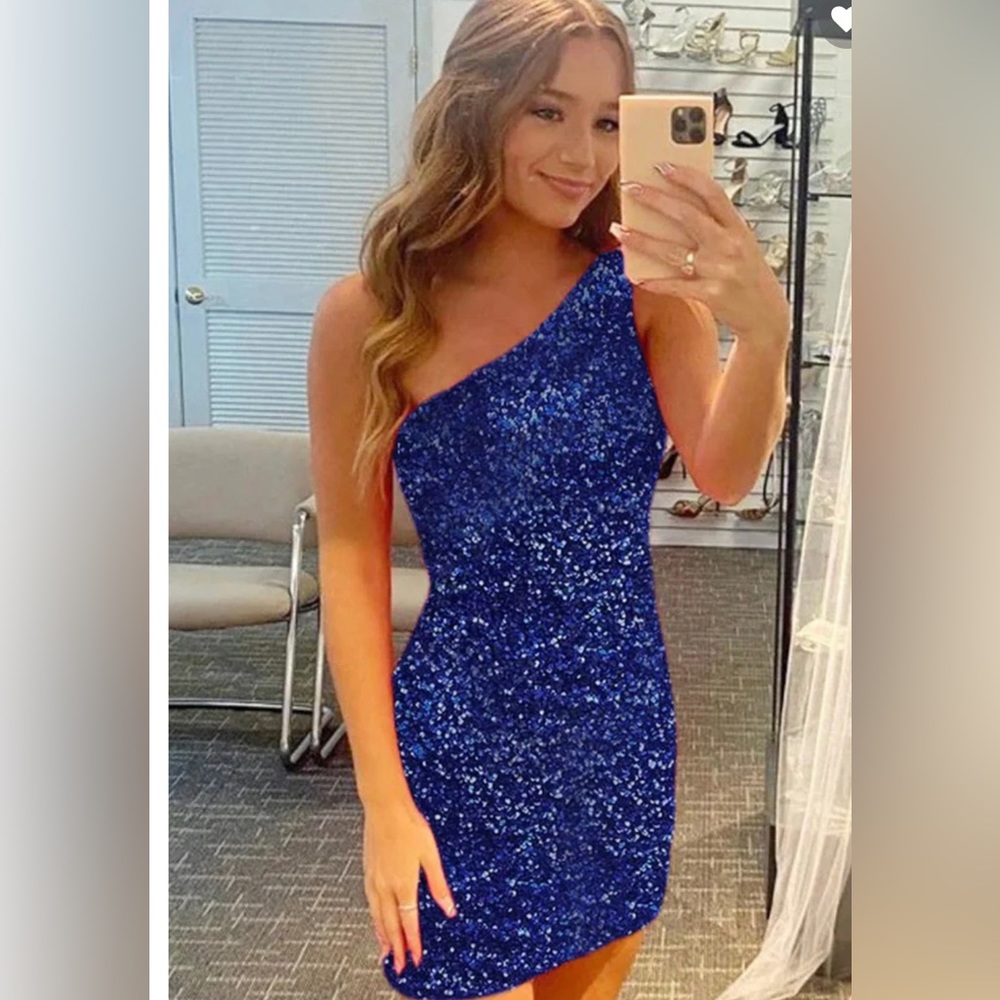 BELINNOVA BLUE SPARKLY ONE SHOULDER DRESS